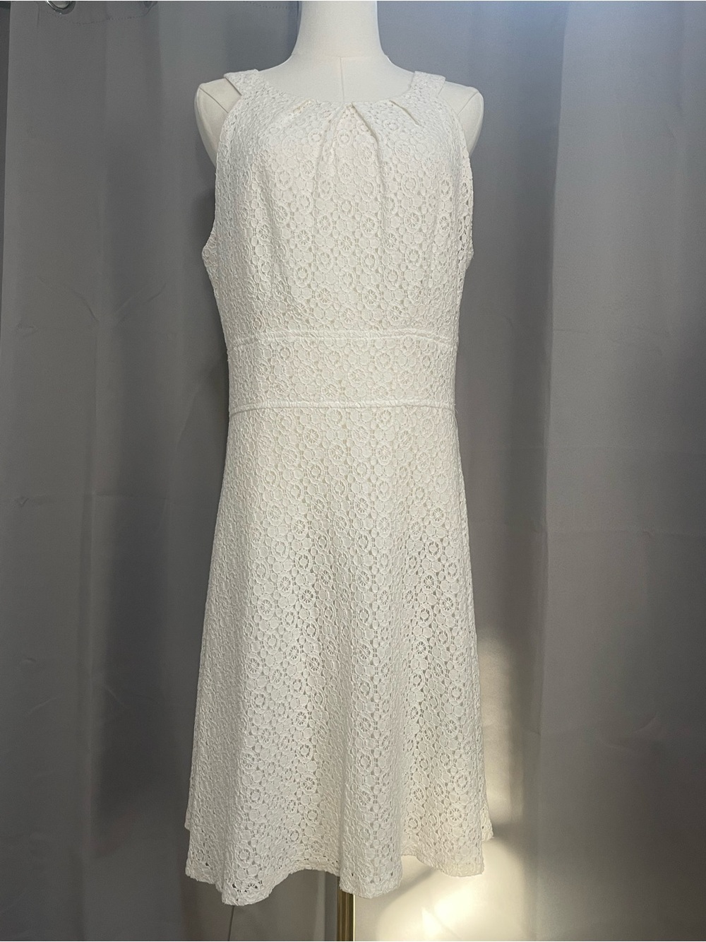 Graduation Dress White Lace Eyelet Fit Flare High Neck Midi New York & Company - Picture 3 of 13